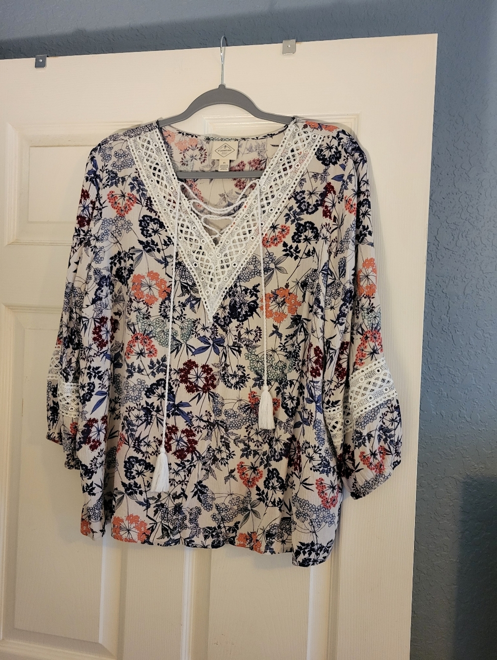 St. John's Bay Ivory Floral Lace-Up Blouse with Navy & Coral Accents